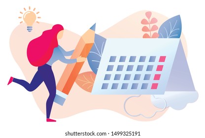 Cartoon Woman Run Holding Pencil in Hand Check Calendar Date Vector Illustration. Light Bulb Idea Symbol. Week Task Month Planning Schedule. Time Management Work Productivity Increase