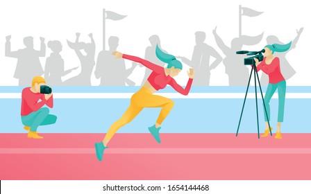 Cartoon Woman Runner Character Jogging. Sport Competitions. Sports Correspondent Recording Video and Taking Photos. Marathon Race and Tournament Broadcast. Keep Running. Vector Flat Illustration