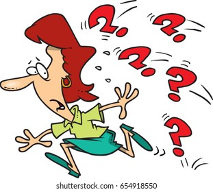 cartoon woman running away from question marks