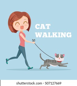 Cartoon woman running with her cat. Cat walking. Vector flat cartoon illustration