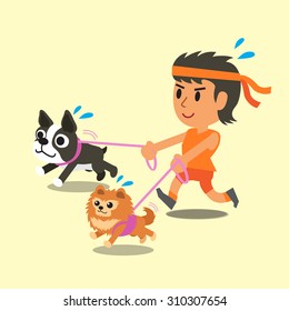 Cartoon woman running with her dogs