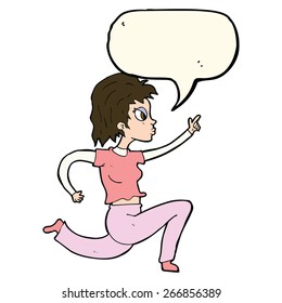 cartoon woman running and pointing with speech bubble