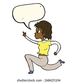 cartoon woman running and pointing with speech bubble