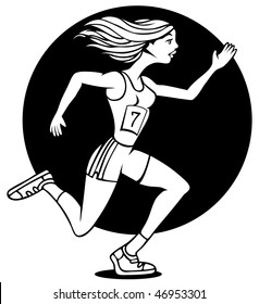 Cartoon of woman running a race wearing her badge number.