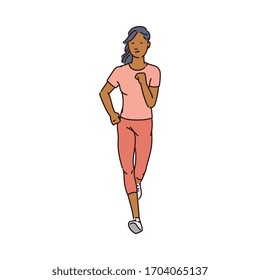 Cartoon woman running seen from front view - simple drawing of female runner athlete in sport clothes jogging forward isolated on white background. Vector illustration.