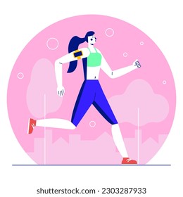 Cartoon woman running in street tracking her vitals through tracker outdoors. Concept of healthy lifestyle for people. Flat style illustration in circle on white background