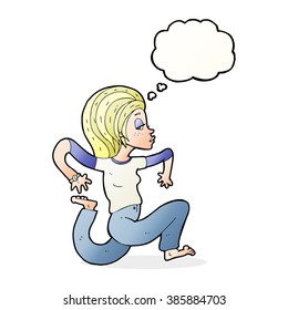 cartoon woman running with thought bubble