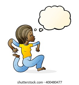 cartoon woman running with thought bubble