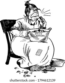 Cartoon of a woman sat on chair and cracking walnuts with mouth throwing covers over ground, vintage line drawing or engraving illustration.