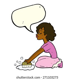 cartoon woman scrubbing floor with speech bubble