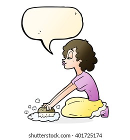 cartoon woman scrubbing floor with speech bubble