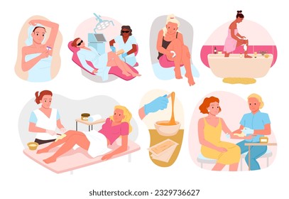 Cartoon woman shaving with razor and depilatory cream, beautician holding wax, sugar and laser equipment for depilation. Hair removal procedures in beauty salon and home set vector illustration