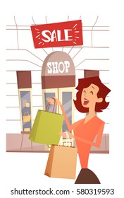 Cartoon Woman With Shopping Bag Big Sale Banner Retial Store Exterior Flat Vector Illustration