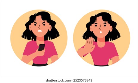 a cartoon woman with short black hair holding a phone, expressing emotions of surprise and disagreement, with a hand gesture indicating refusal.