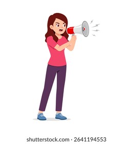 Cartoon Woman Shouting into a Megaphone. Woman holds Megaphone and Shouting Loudly, vector