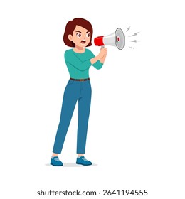 Cartoon Woman Shouting into Megaphone with Angry Expression, Propaganda Illustration