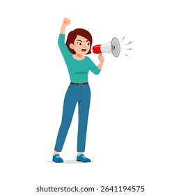 Cartoon Woman Shouting into Megaphone with Fist Raised in Protest Isolated on White Background