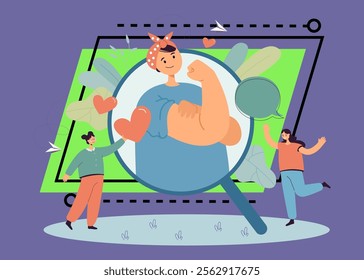 Cartoon woman showing fist and biceps as sign of female power and force. Other girls admiring her. Flat illustration. Feminism, woman empowerment concept for banner, website