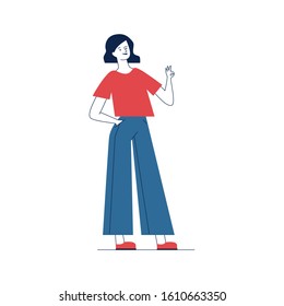 Cartoon woman showing OK gesture. Female student holding chalk and drawing or writing flat vector illustration. Positive feedback, advertising concept for banner, website design or landing web page