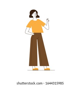 Cartoon woman showing OK gesture. Female student holding chalk and drawing or writing flat vector illustration. Positive feedback, advertising concept for banner, website design or landing web page