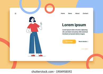 Cartoon woman showing OK gesture. Female student holding chalk and drawing or writing flat vector illustration. Positive feedback, advertising concept for banner, website design or landing web page
