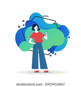Cartoon woman showing OK gesture. Female student holding chalk and drawing or writing flat vector illustration. Positive feedback, advertising concept for banner, website design or landing web page