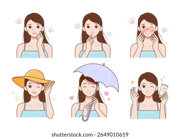 Cartoon woman showing skin issues from sun exposure and ways to prevent them with sunscreen, hat, and umbrella. Great for skincare and UV protection content.