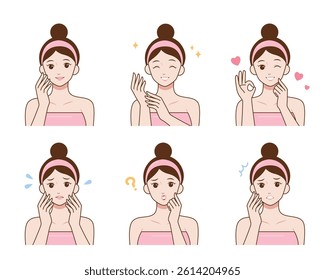 Cartoon woman showing skincare routine steps and emotional reactions. Perfect for beauty, skincare, and cosmetic content in blogs, infographics, or product guides.