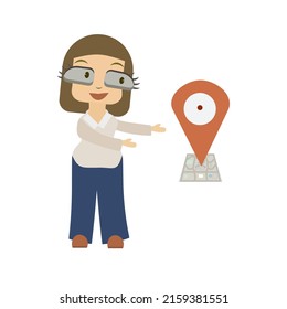 The cartoon woman shows a location map with a pin on it. She could be a businesswoman or an office worker. The illustration represents the physical address of a business, institution, or organization