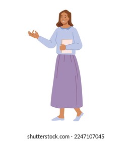 Cartoon woman shows presentation pointing, showing and introducing product with hand gesture. Vector female with folder in hands, friendly woman in casual cloth advertising something