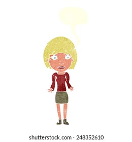 cartoon woman shrugging shoulders with speech bubble