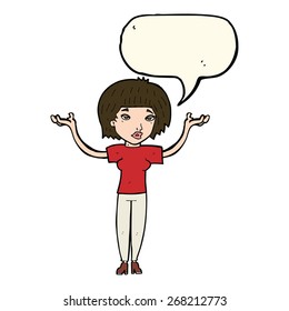 cartoon woman shrugging shoulders with speech bubble