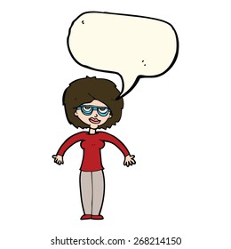 cartoon woman shrugging shoulders with speech bubble