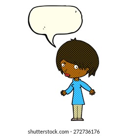 cartoon woman shrugging shoulders with speech bubble