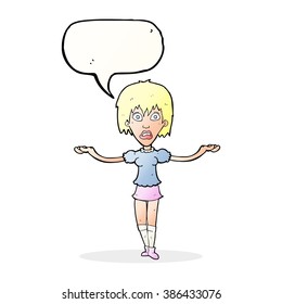 cartoon woman shrugging shoulders with speech bubble