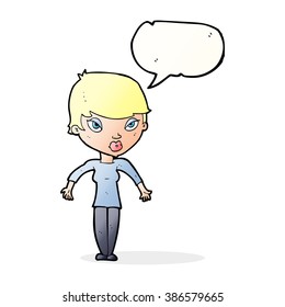 cartoon woman shrugging shoulders with speech bubble