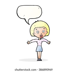 cartoon woman shrugging shoulders with speech bubble