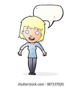 cartoon woman shrugging shoulders with speech bubble