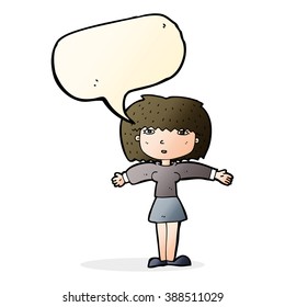 cartoon woman shrugging shoulders with speech bubble