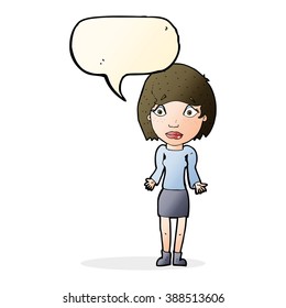 cartoon woman shrugging shoulders with speech bubble