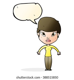 cartoon woman shrugging shoulders with speech bubble