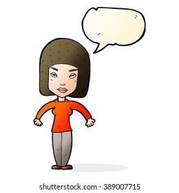 cartoon woman shrugging shoulders with speech bubble