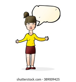 cartoon woman shrugging shoulders with speech bubble
