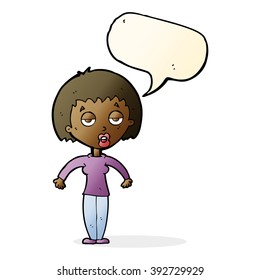 cartoon woman shrugging shoulders with speech bubble