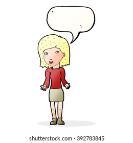 cartoon woman shrugging shoulders with speech bubble