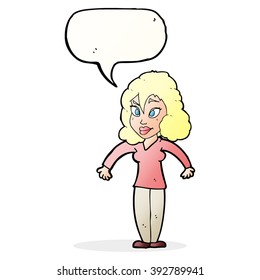 cartoon woman shrugging shoulders with speech bubble
