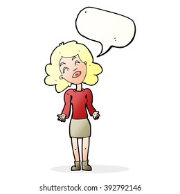cartoon woman shrugging shoulders with speech bubble