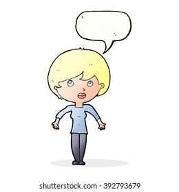 cartoon woman shrugging shoulders with speech bubble