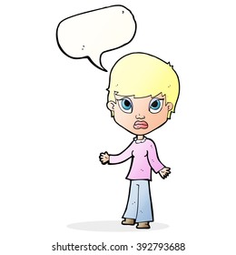 cartoon woman shrugging shoulders with speech bubble