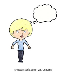 cartoon woman shrugging shoulders with thought bubble